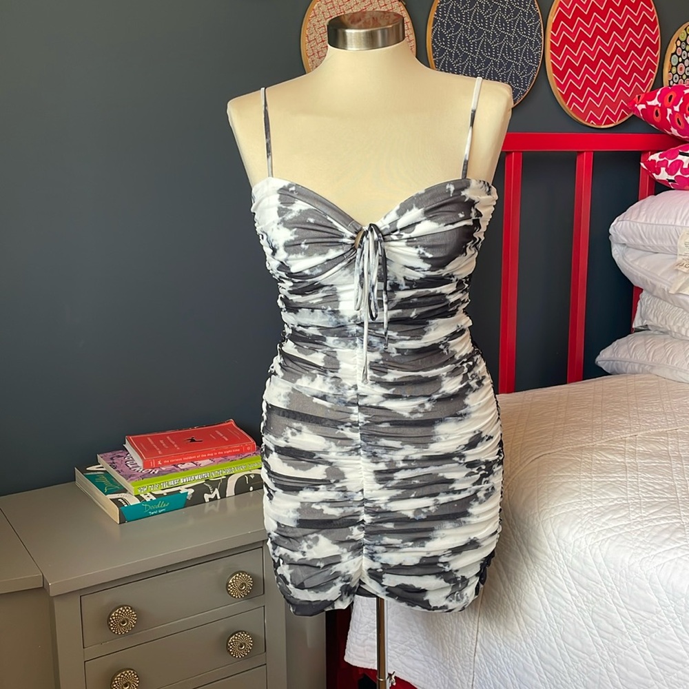 Black and white mesh ruched mini dress
